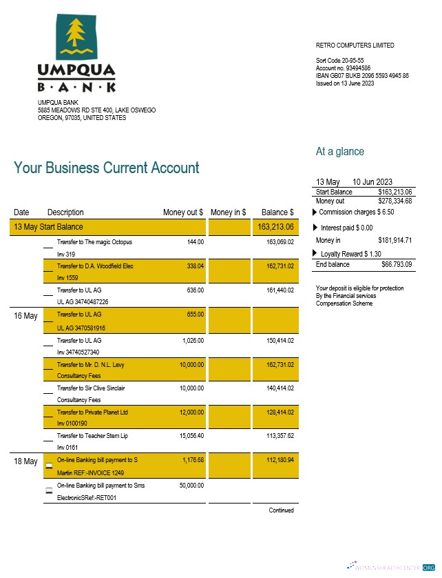 Download Umpqua Bank organization checking account statement Word and PDF template Photoshop template